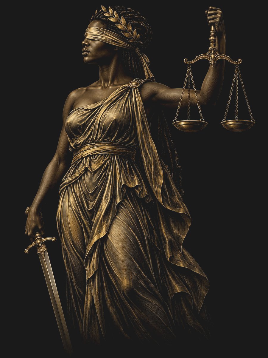 Lady Justice depicted as a Black woman, blindfolded, holding golden scales and a sword